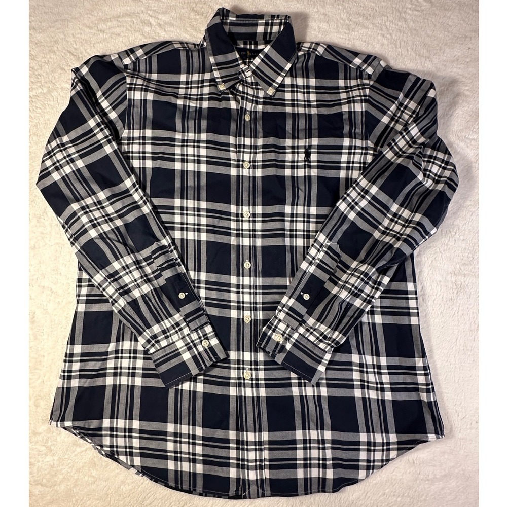 Ralph Lauren Mens Navy White Plaid Long Sleeve Button Down Shirt Size Medium